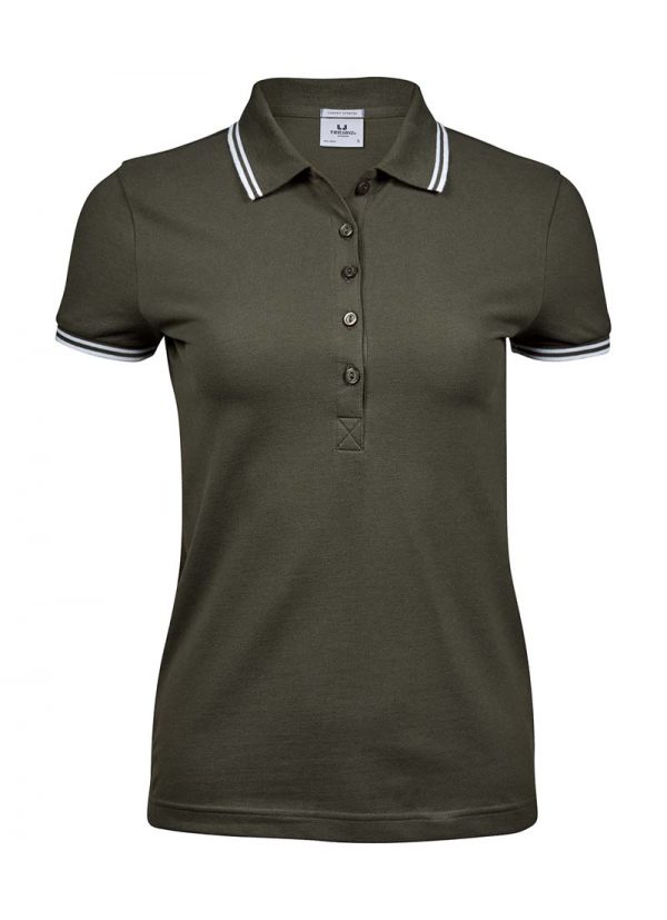 Ladies Luxury Stripe Stretch Polo Kleur Olive White