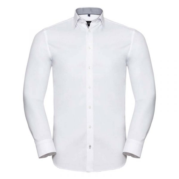 Tailored Contrast Herringbone Shirt LS kleur White Silver Convoy Grey