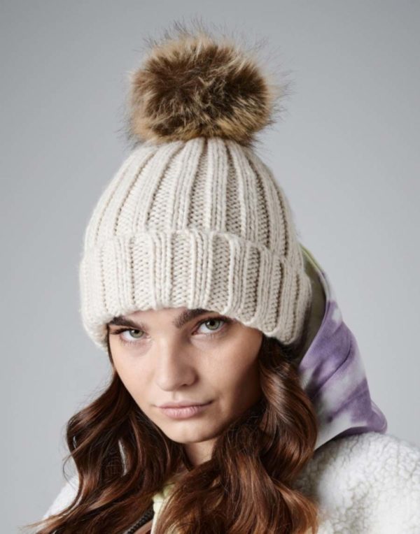 Fur Pop Pom Chunky Beanie,merk Beechfield B412. Beanie,merk Beechfield.